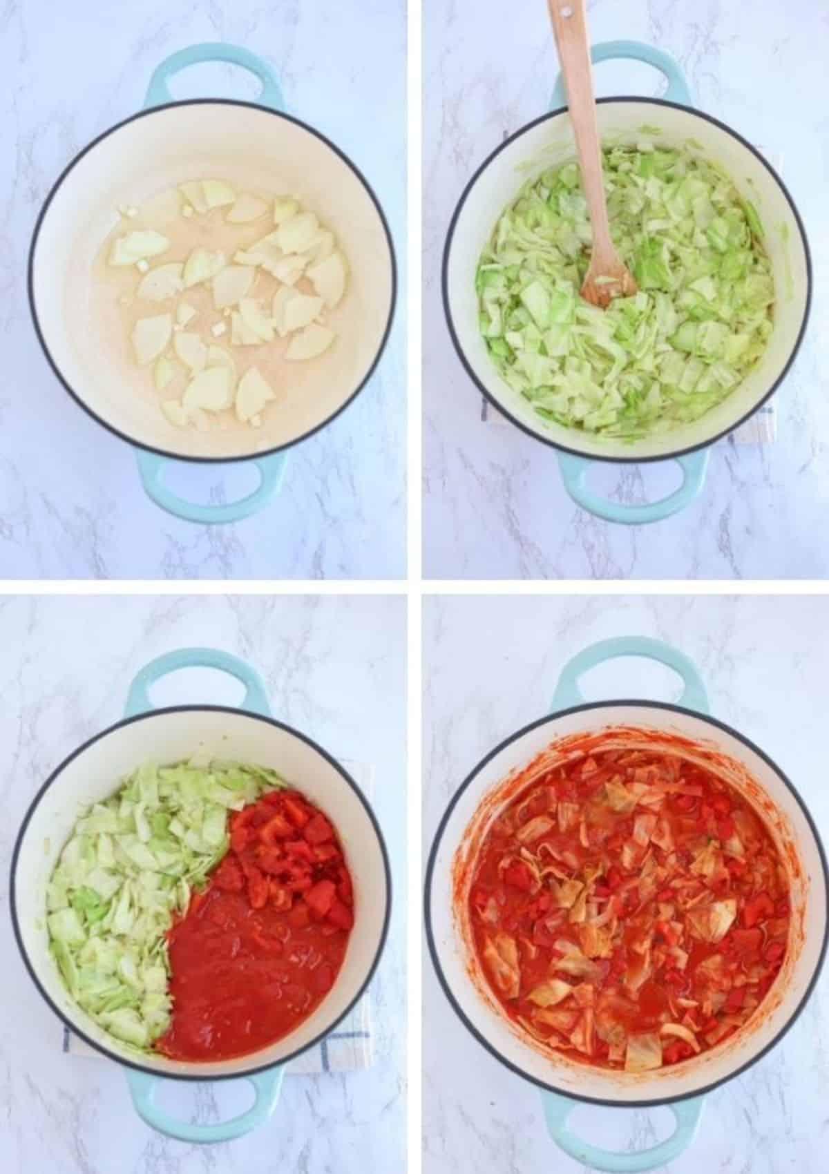 making cabbage and meatballs sauce in a Dutch oven in four steps.