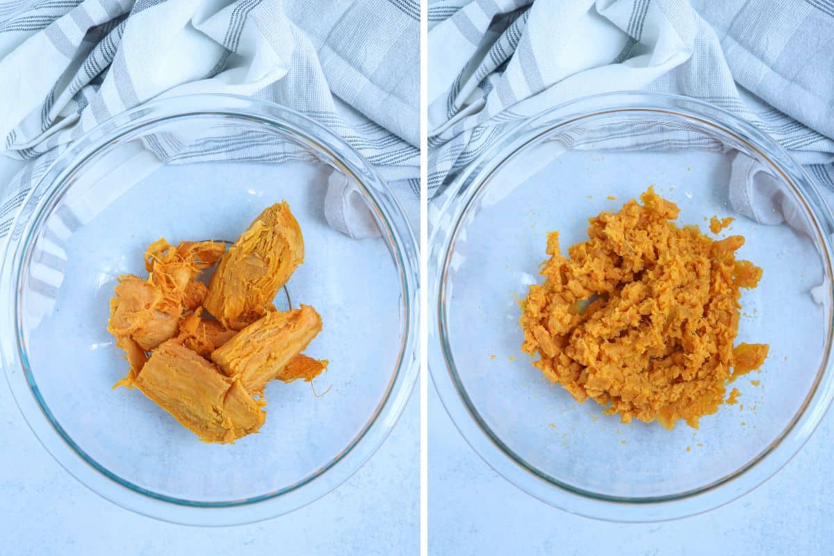 mashing sweet potato in a glass bowl in two steps.