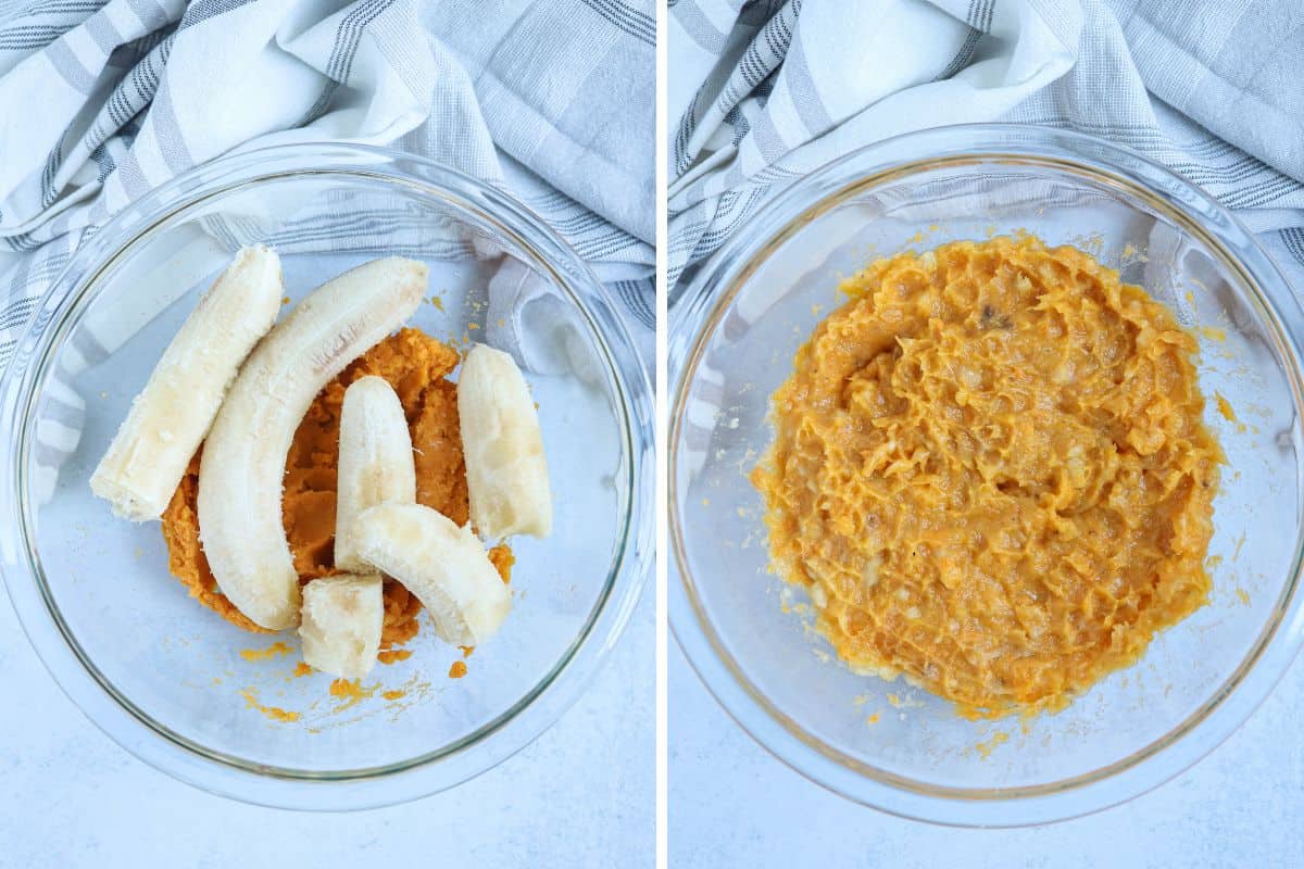 mashing bananas and sweet potato together in a glass bowl in two steps.