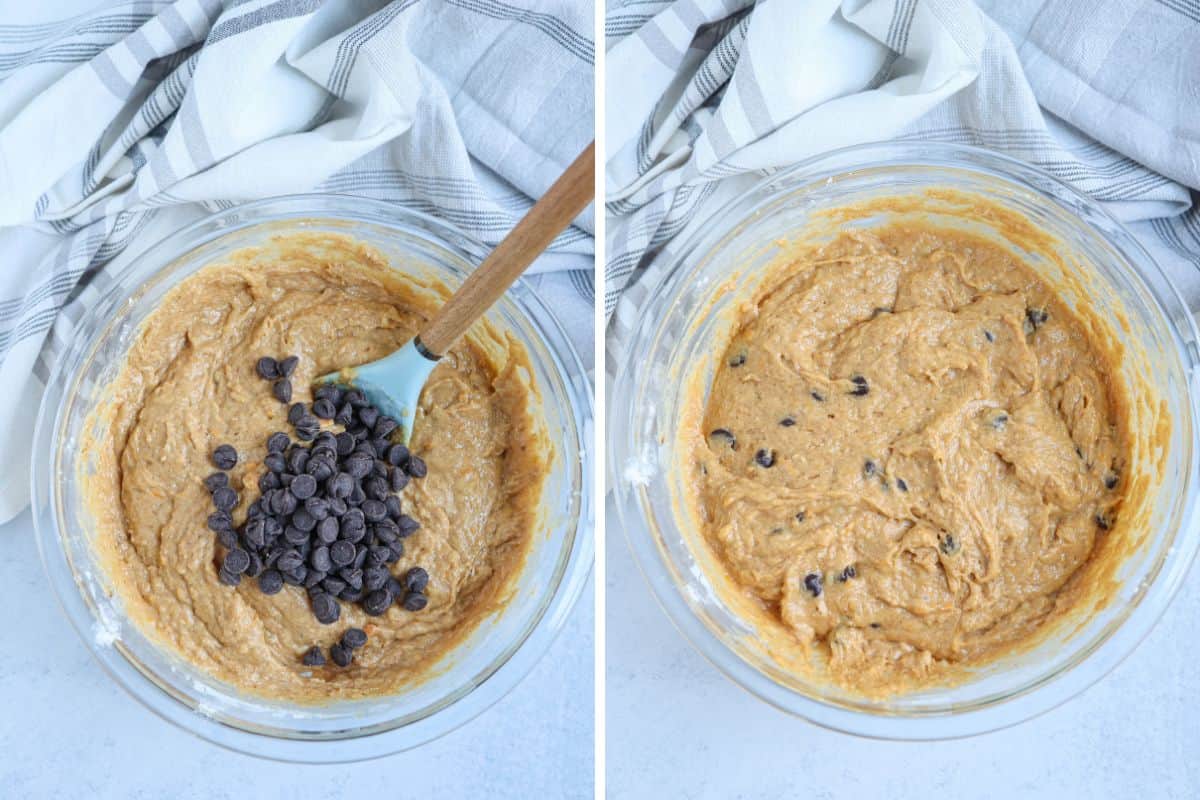 making banana bread batter with chocolate chips in a glass bowl in two steps.