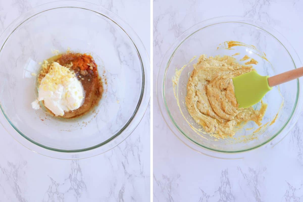 making marinade for tofu in a glass bowl in two steps.
