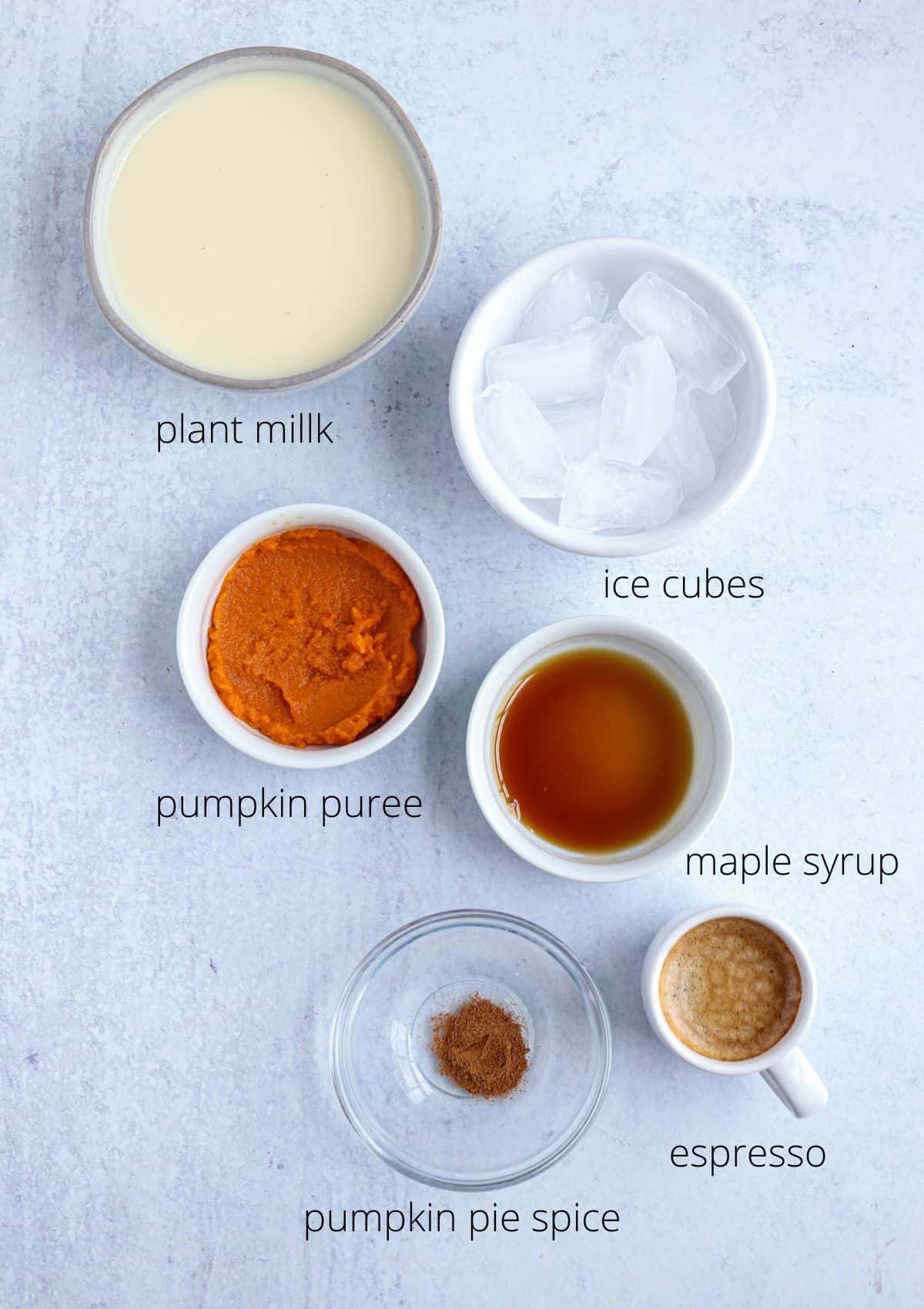 ingredients for making iced pumpkin spice latte on light gray surface with captions. 