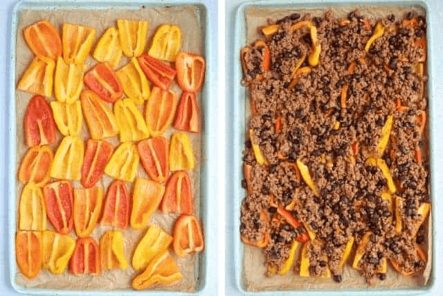 making mini pepper nachos in two steps, before and after adding meat and beans. 