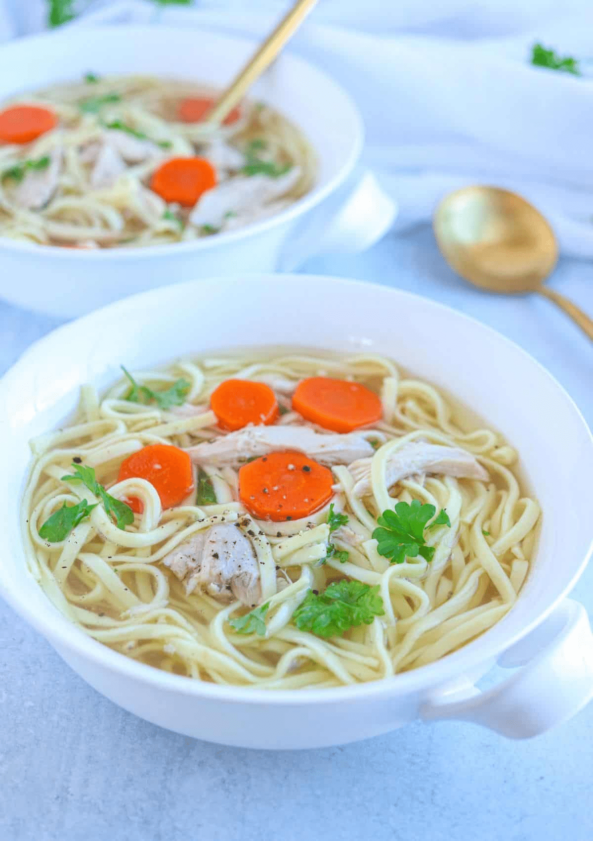 Polish chicken noodle soup in a white bowl.