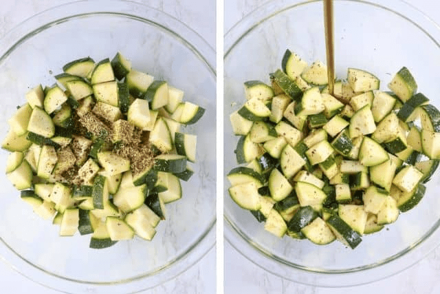 mixing chopped zucchini in a glass bowl with spices and oil in two steps.