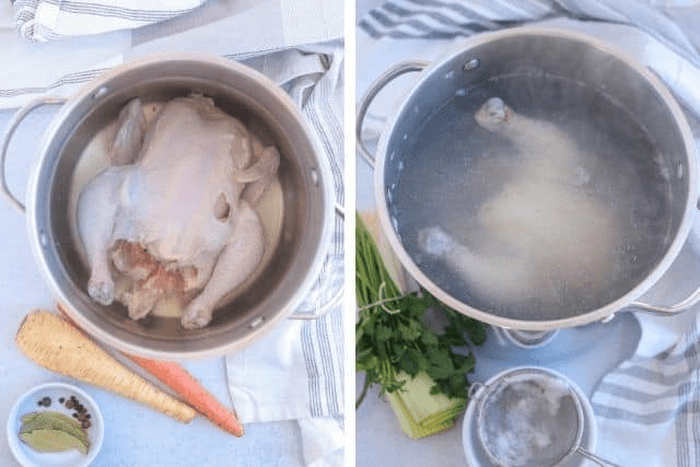 making chicken stock in a stock pot in two steps.