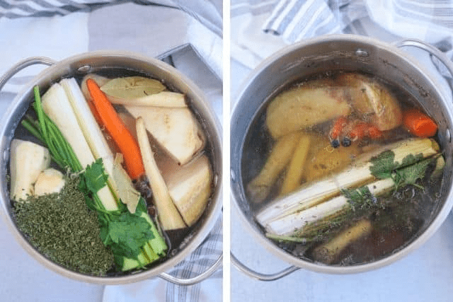 making chicken stock in a stock pot in two steps.