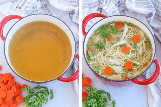 Polish chicken noodle soup in a red Dutch oven before and after adding noodles and carrots.