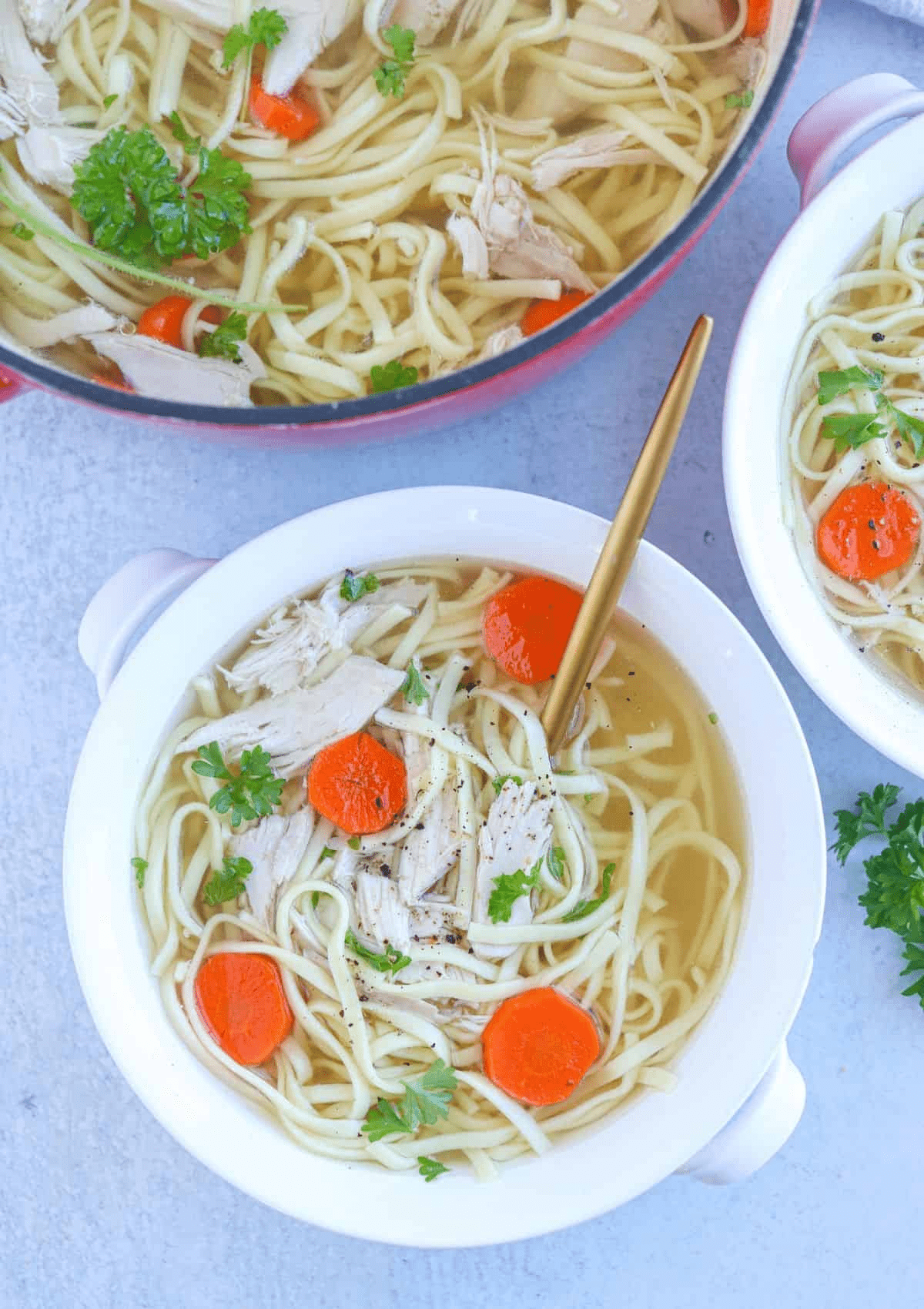 Polish chicken noodle soup in a white bowl.