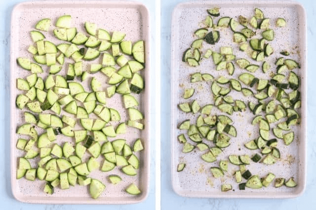 zucchini pieces with spices and oil on a pink baking tray before and after roasting.
