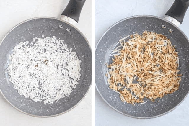 toasting shredded coconut in a dry skillet, before and after.