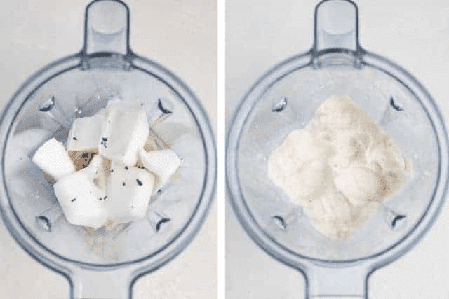 blending frozen coconut milk and banana in a Vitamix blender in two steps.