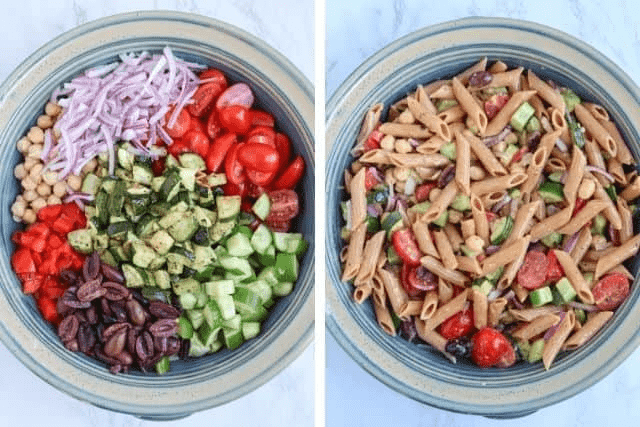 making red lentil pasta salad in a large blue bowl in two steps. 