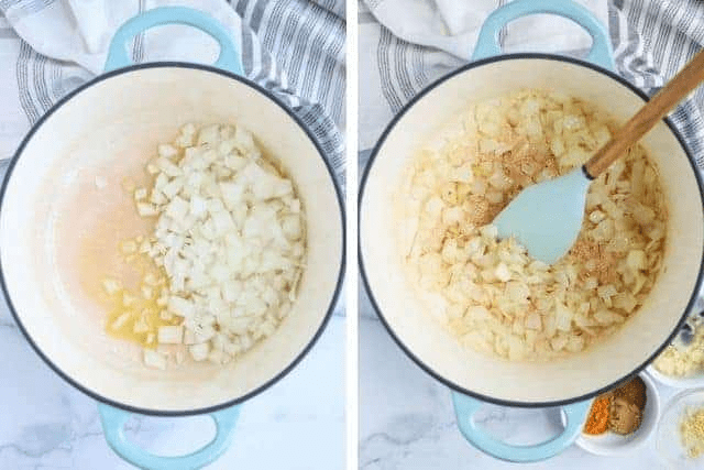 cooking onion in a Dutch oven in two steps. 