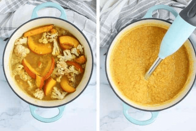 blending pumpkin cauliflower soup in a Dutch oven. 