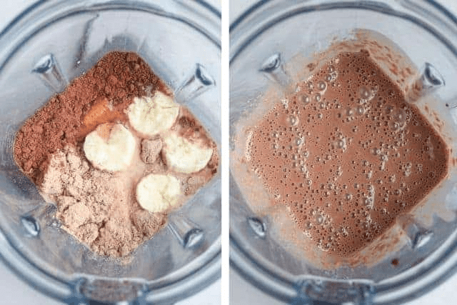 blending chocolate protein baked oats in a Vitamix blender in two steps. 