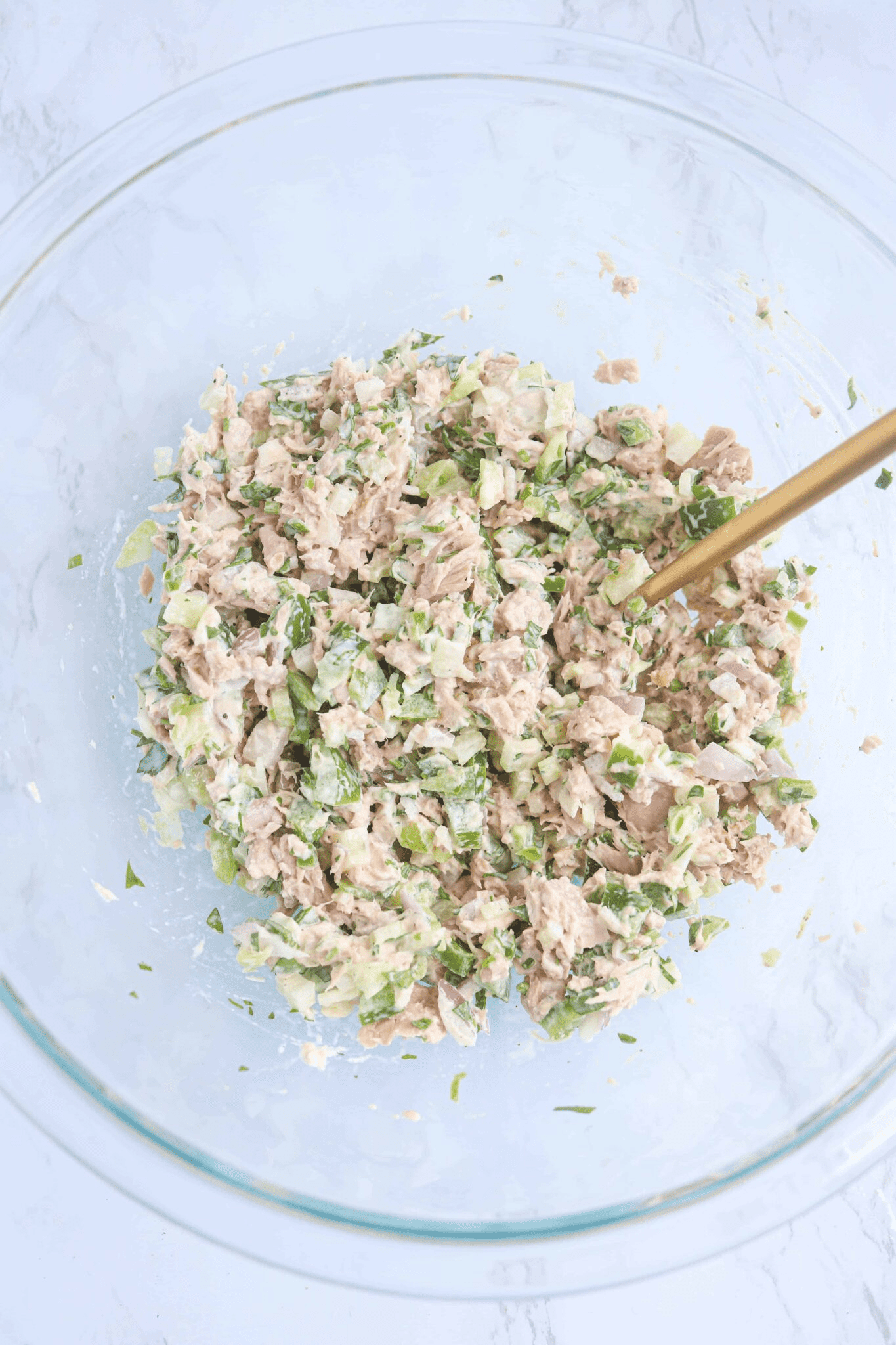 tuna salad in a glass bowl.