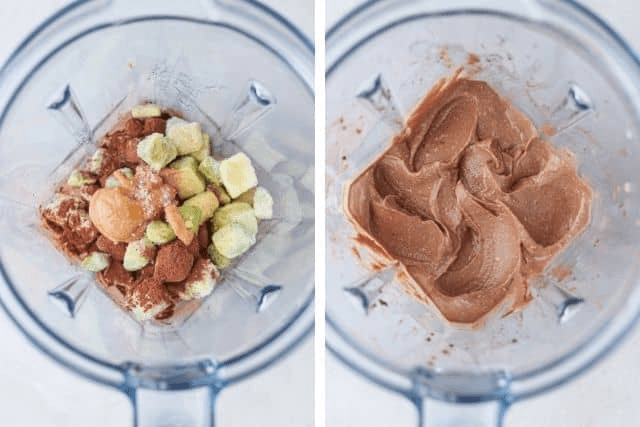 making snickers smoothie bowl in a Vitamix blender, overhead view in two steps. 