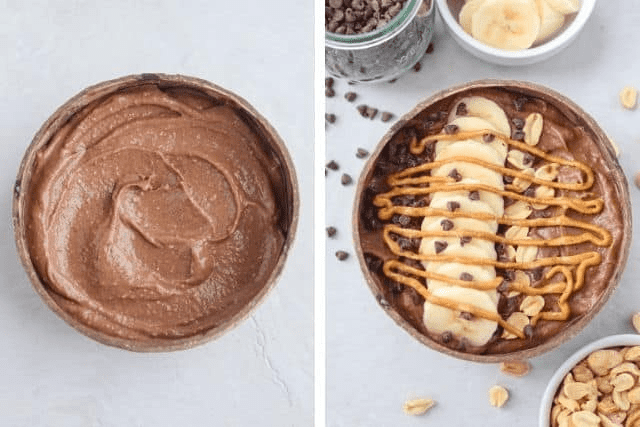 Snickers smoothie bowl in natural coconut shell before and after adding toppings. 