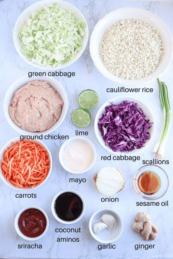 ingredients for making paleo egg roll in a bowl with captions.