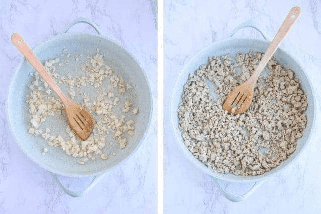 cooking ground meat in a light teal skillet in two steps. 