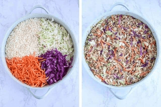 making egg roll in a bowl in a large teal skillet in two steps. 