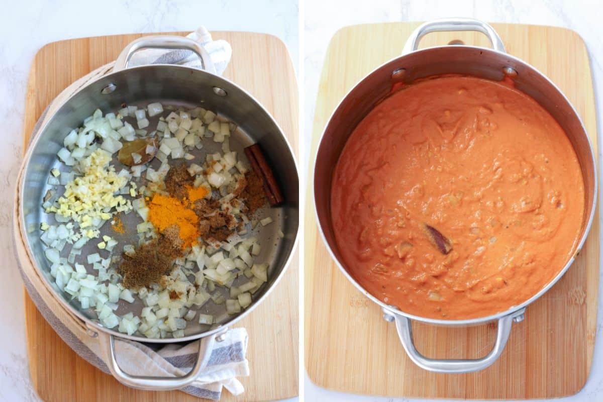 making masala curry in a steel pot in two steps.