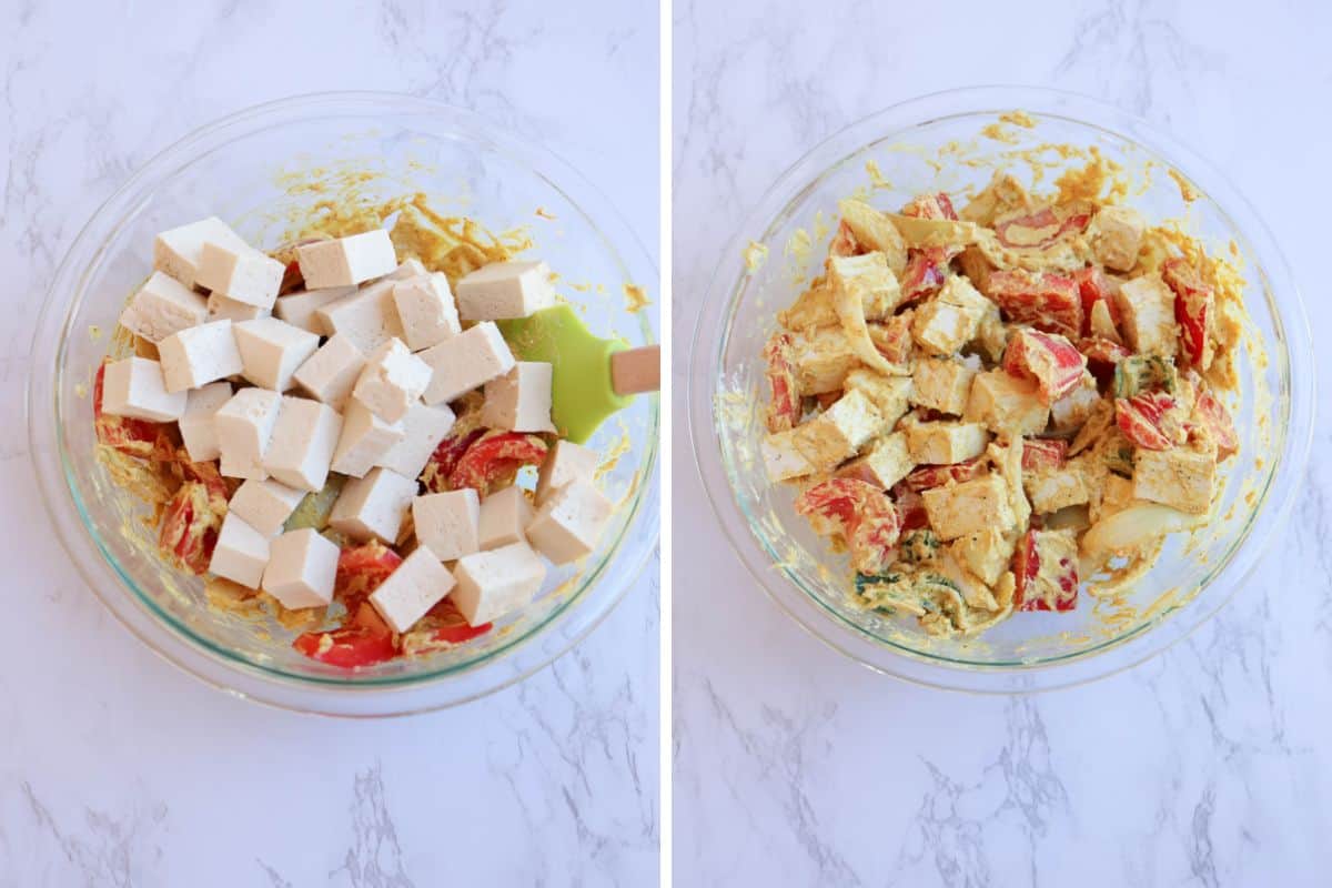 making marinaded veggies and tofu in a glass bowl in two steps.