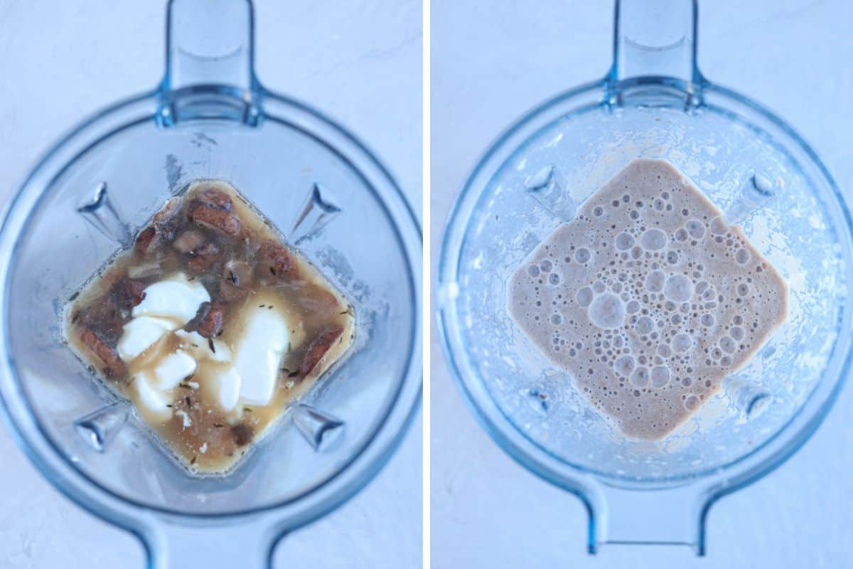blending mushroom soup with sour cream in a blender, overhead view in two steps. 