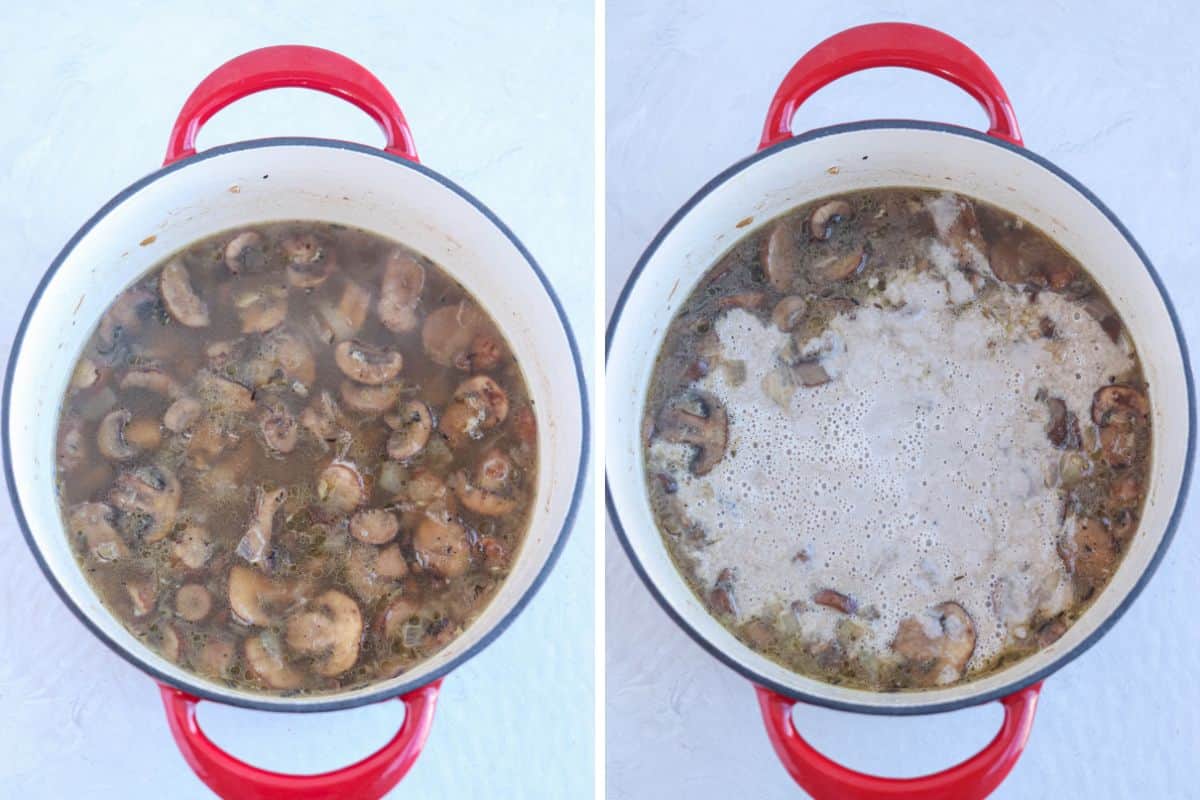 steps for making mushroom soup in a red Dutch oven in two side by side photos.