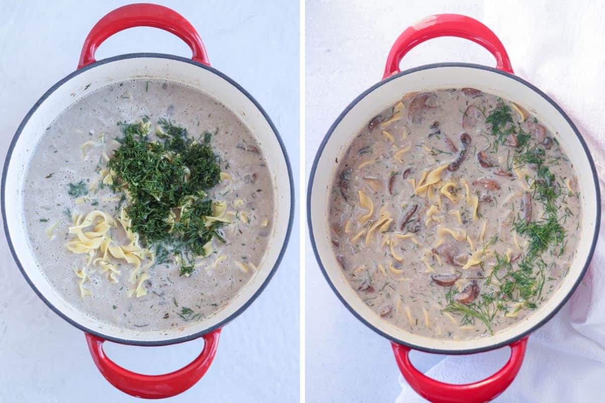 steps for making mushroom soup in a red Dutch oven in two side by side photos.