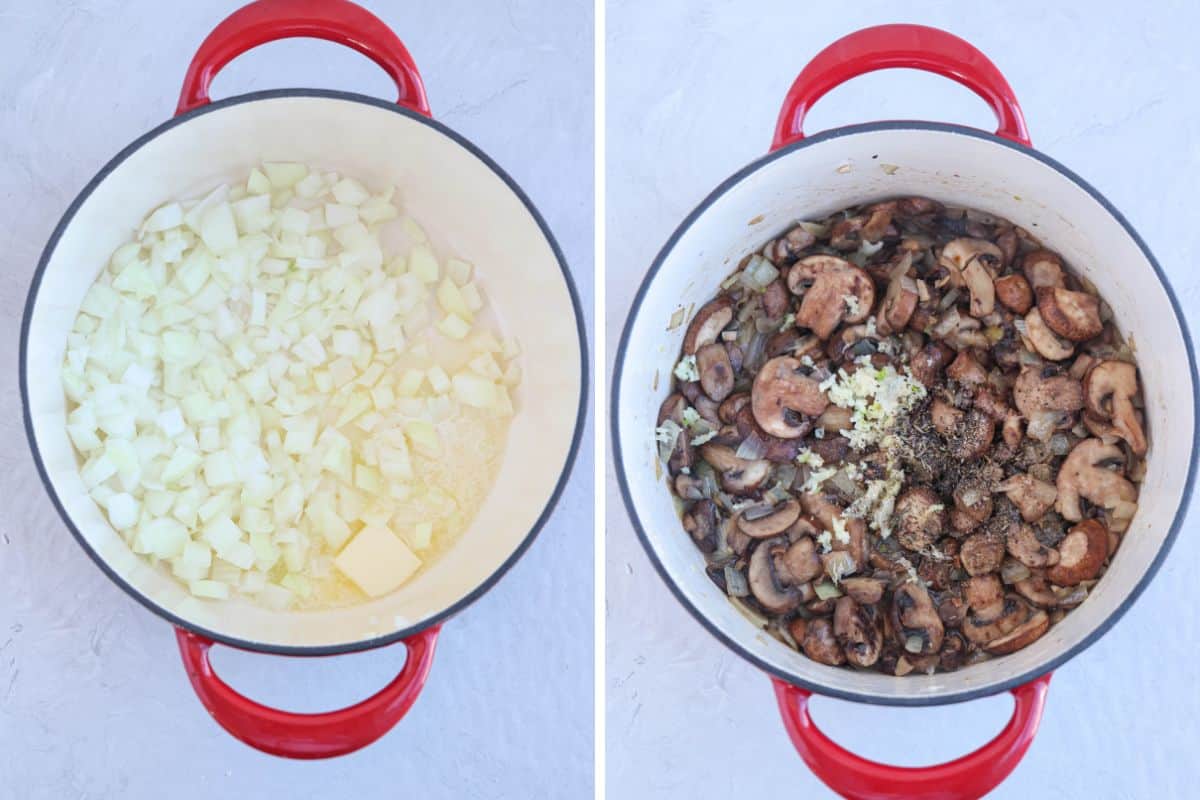 steps for making mushroom soup in a red Dutch oven in two side by side photos.