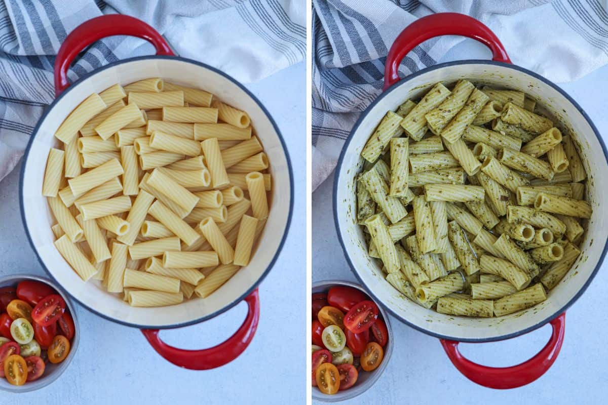 mixing rigatoni pasta with pesto in a Dutch oven in two steps. 
