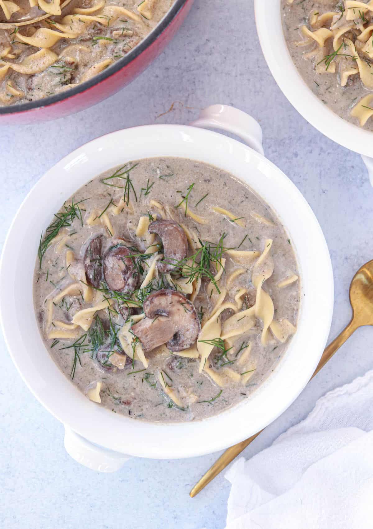 mushroom soup with noodles and fresh dill in a white bowl.