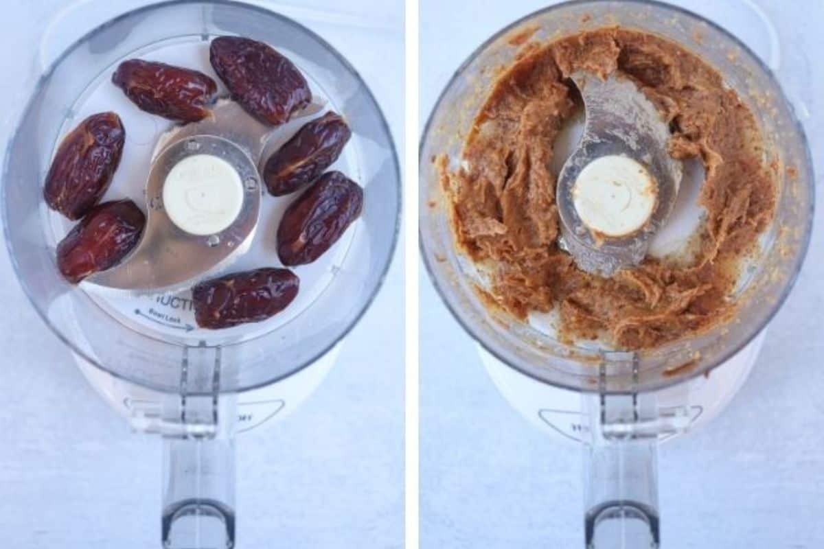 blending medjool dates in a food processor in two steps.