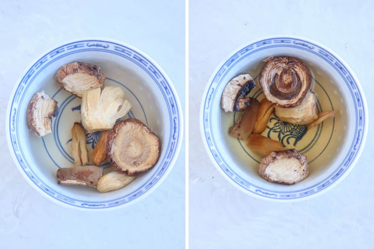 rehydrating dried mushrooms in two steps.