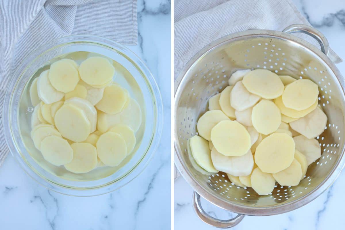 sliced potatoes soaking in water in a glass bowl and drained on a steel colander, in two photos.