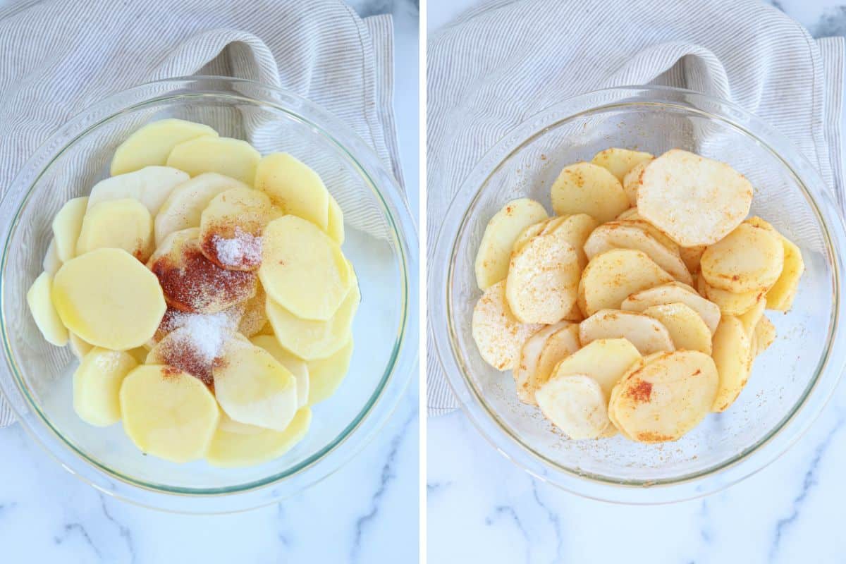 seasoning potato slices in a glass bowl in two steps. 