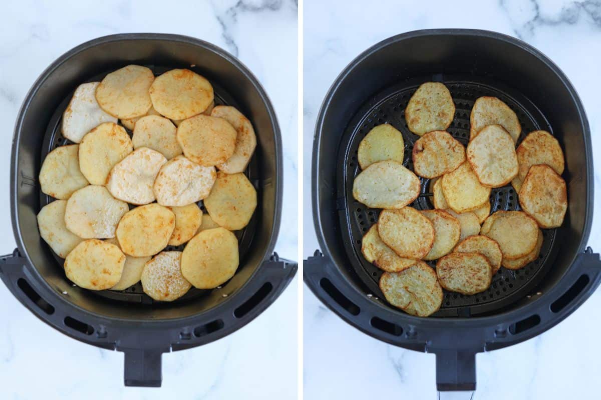 air frying potato slices in two steps. 