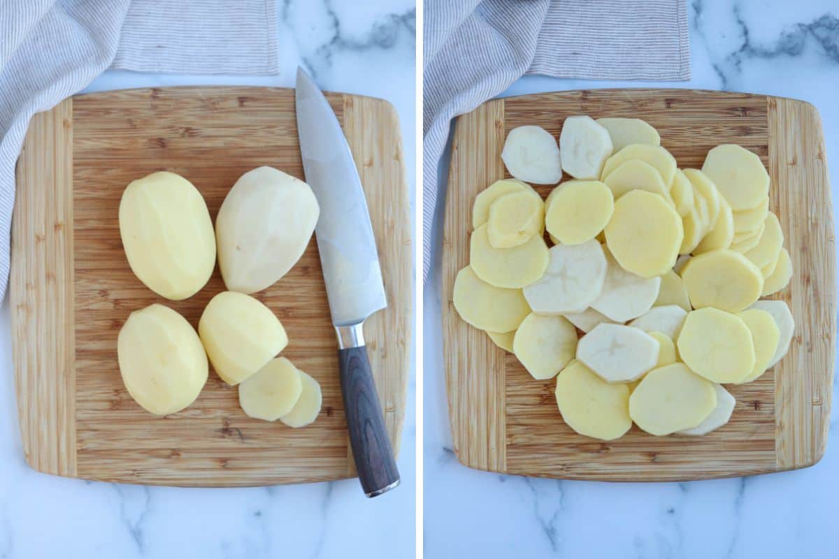 slicing potatoes on a wooden board in two steps. 