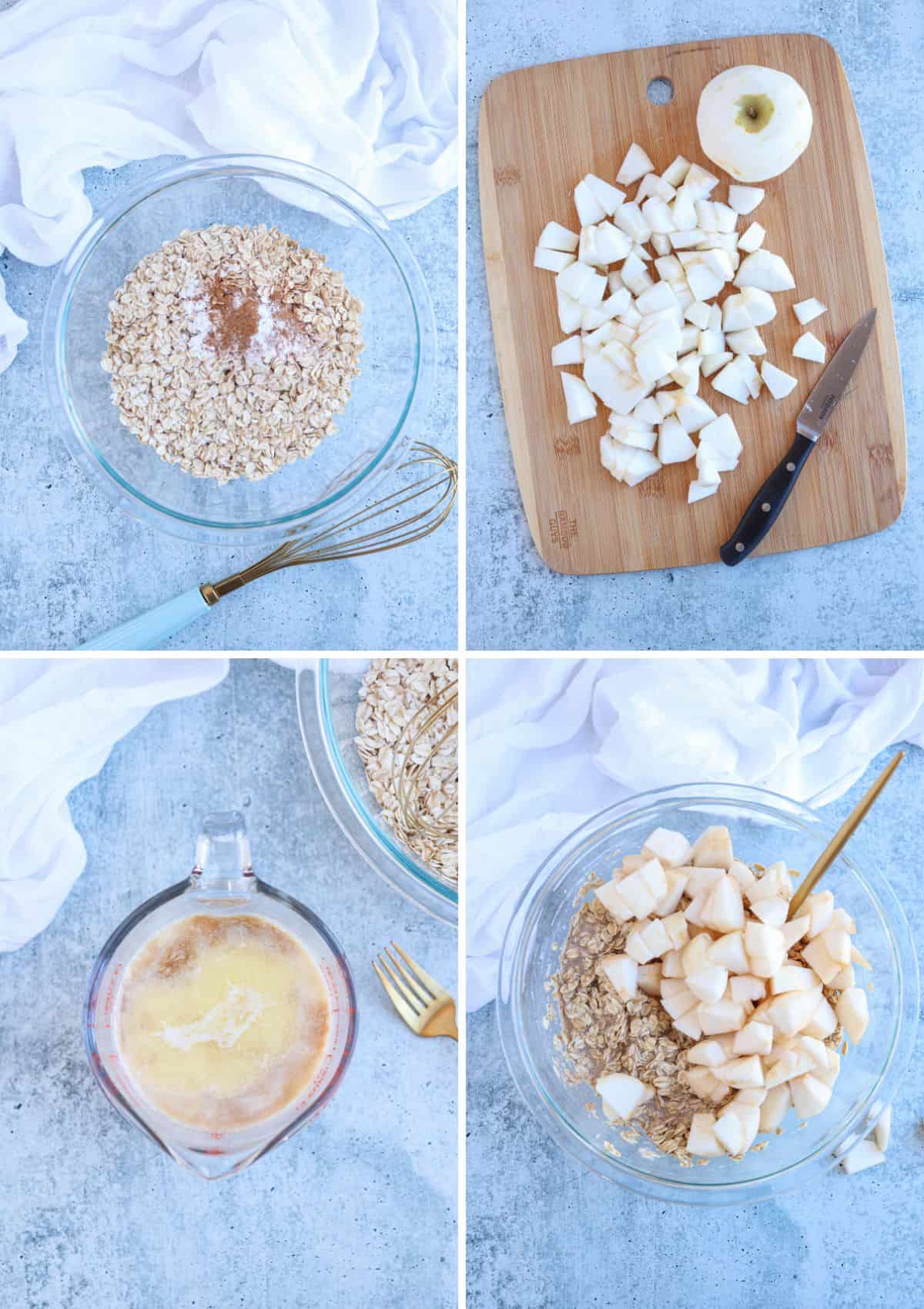 four steps for making apple pie baked oatmeal.