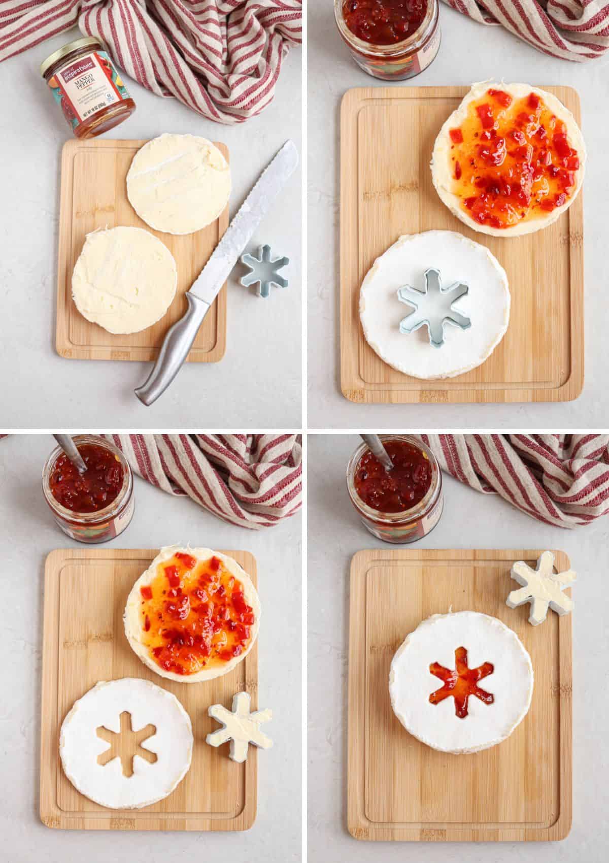 a collage of four photos showing how to make brie cheese with a snow flake cut out hole and jam.