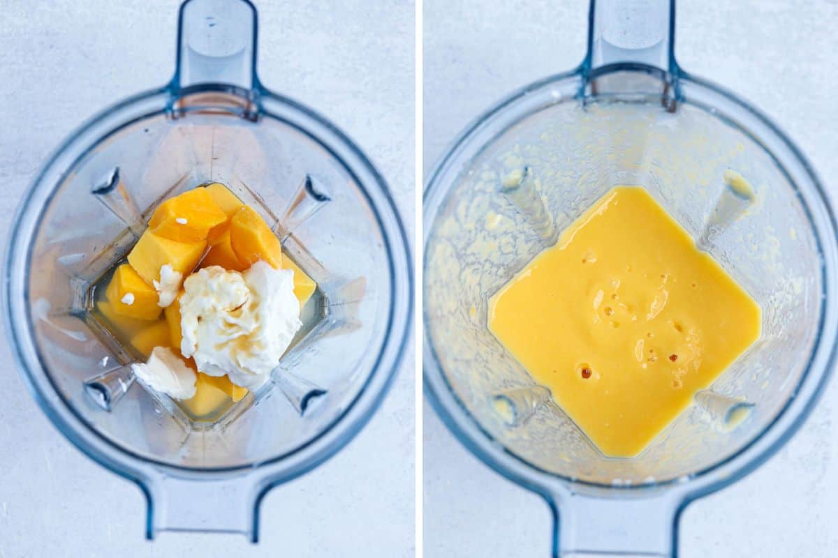 making a mango smoothie in a blender in two steps.