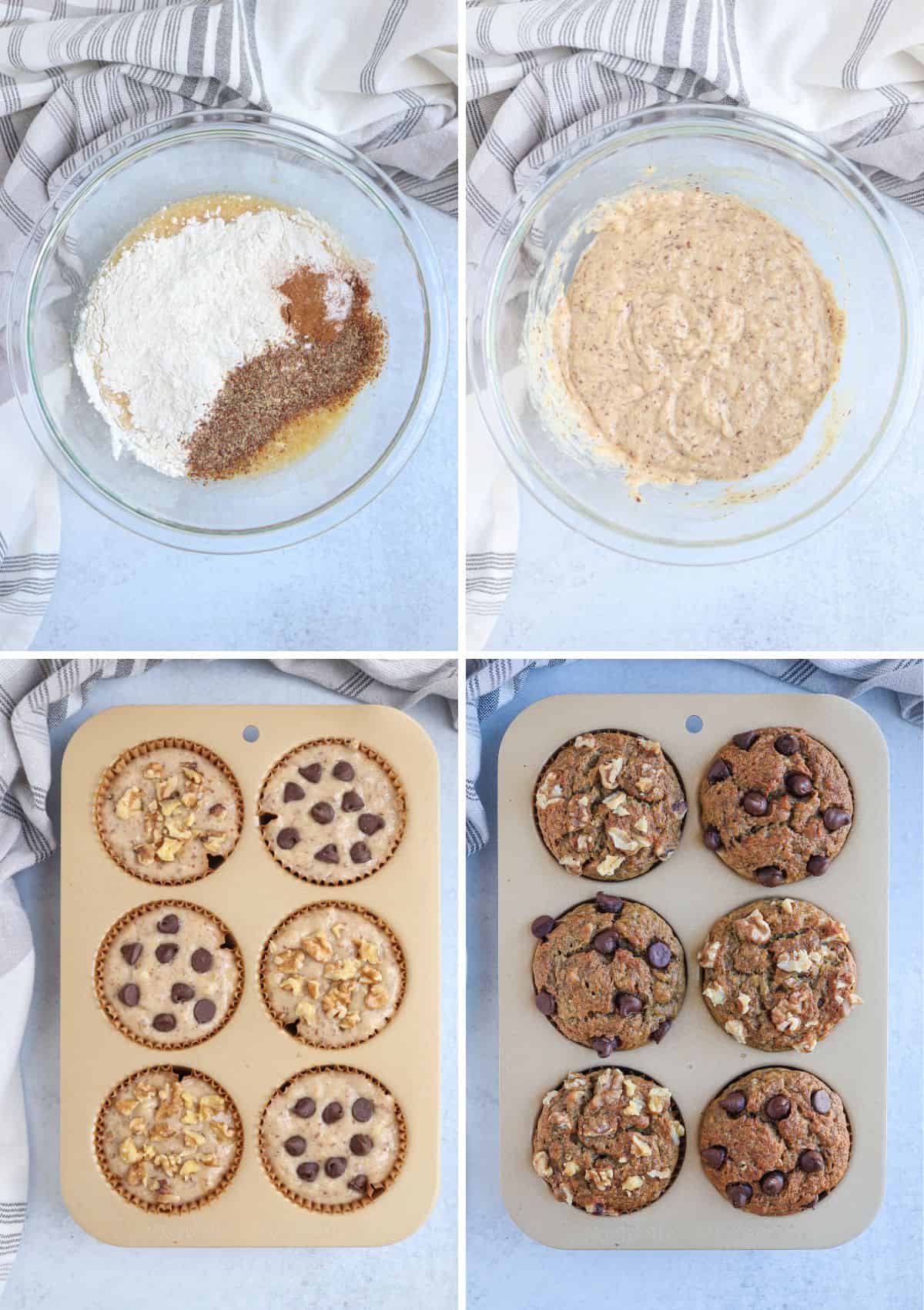 4 steps for making banana muffins with 2 bananas in a glass bowl after adding dry ingredients.
