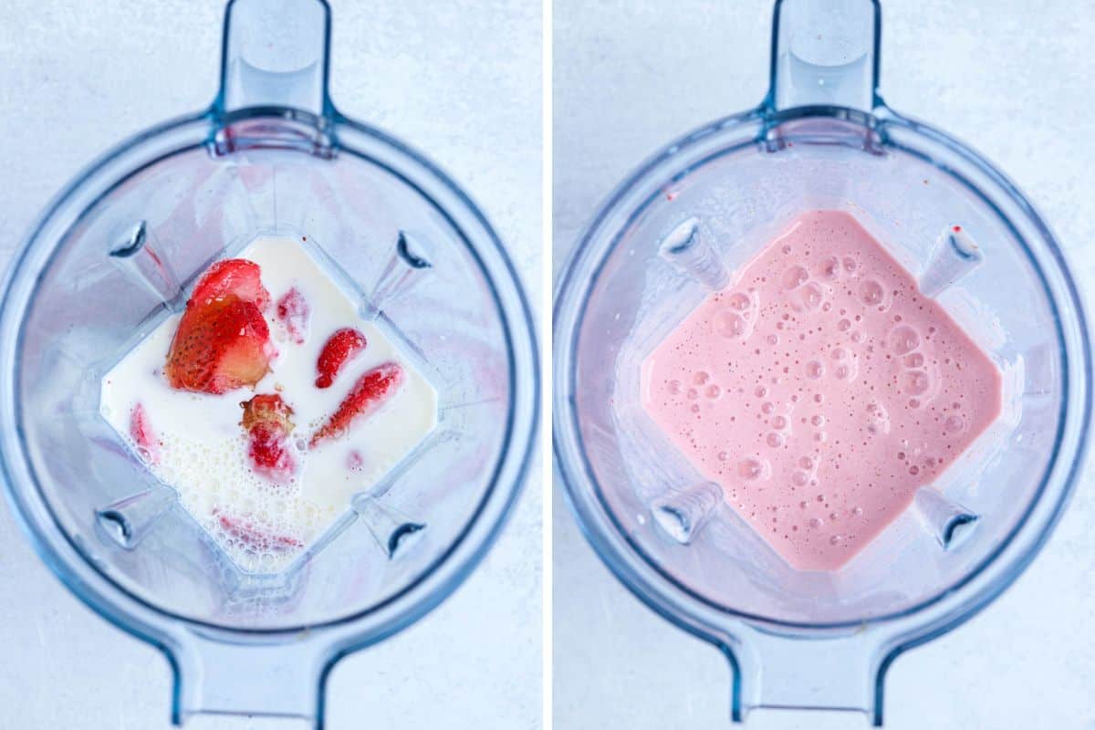 making a strawberry smoothie in a blender in two steps.
