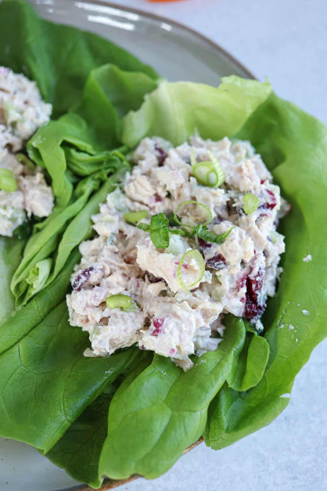 creamy chicken salad with cranberries in a lettuce leaf.
