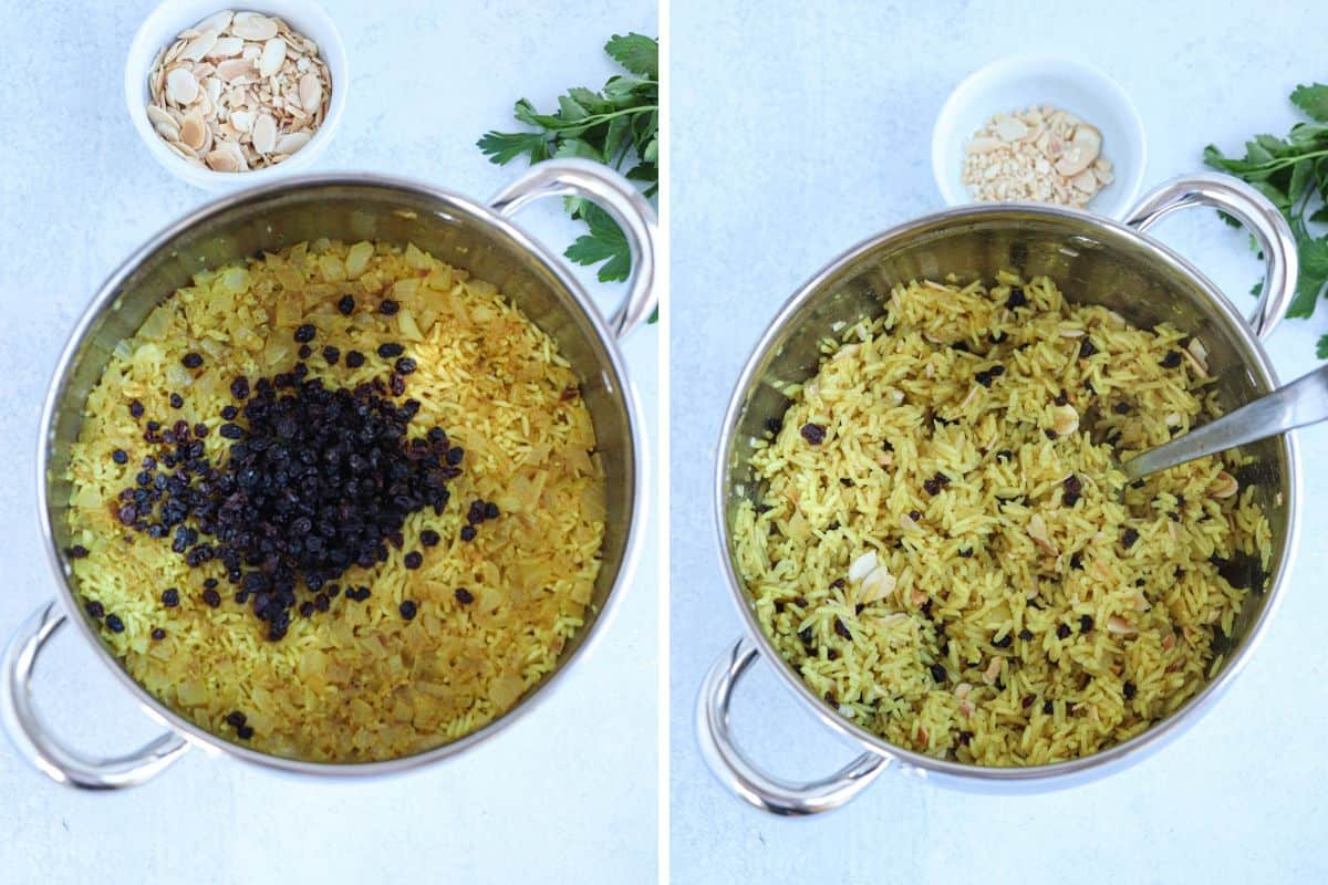 making yellow rice in a steel pot in two steps, before and after adding currants and almonds. 