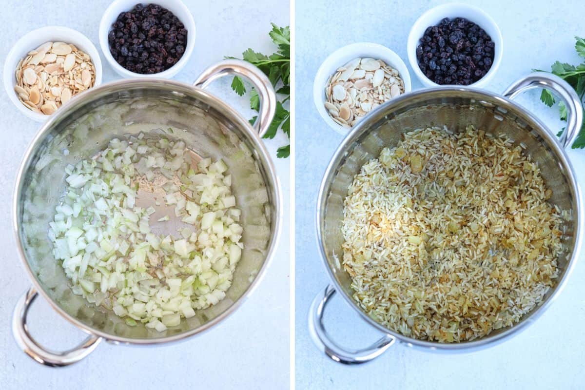 cooking onion and rice in olives oil in a steel pot in two steps. 