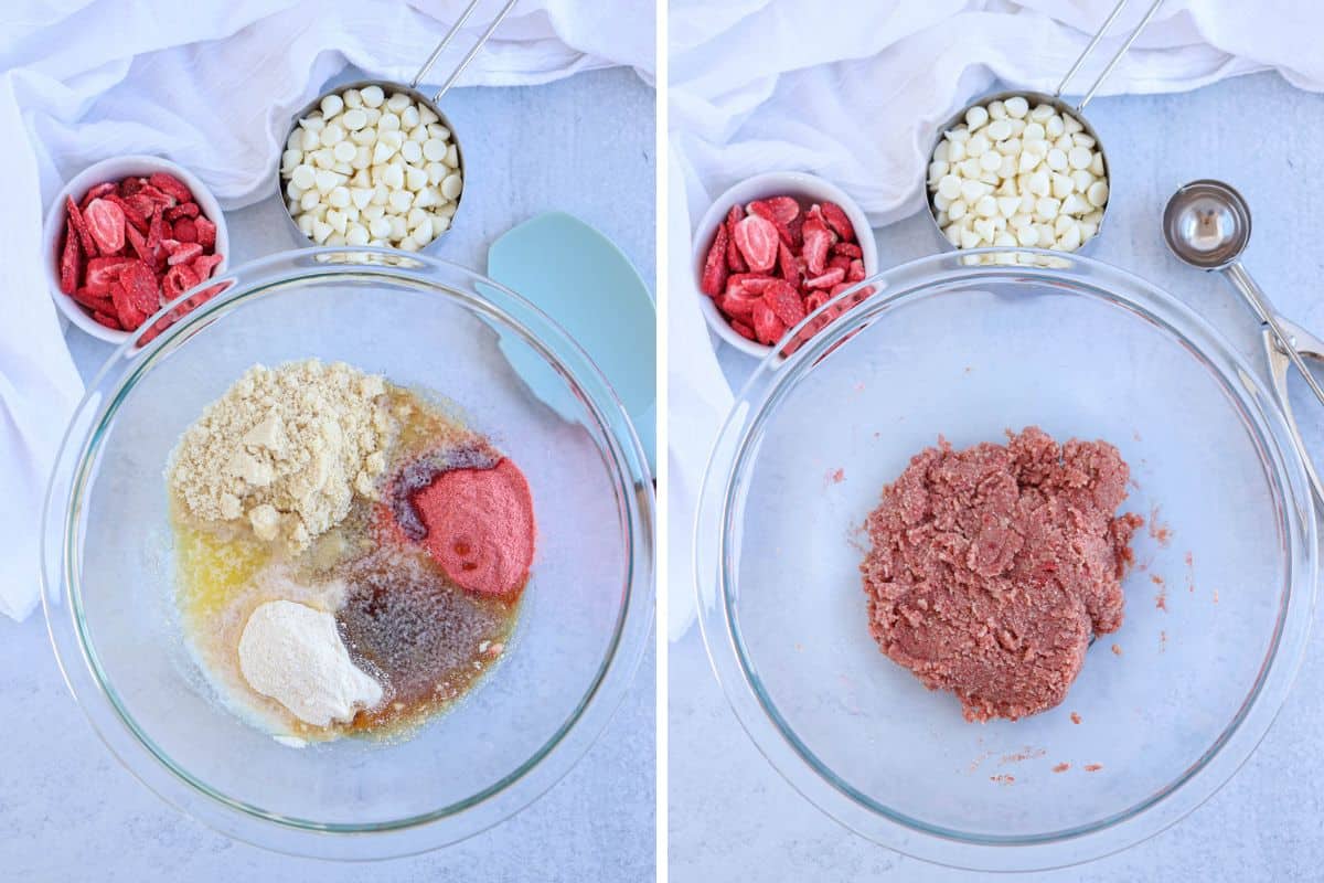 making dough for no bake strawberry cake pops in a glass bowl.