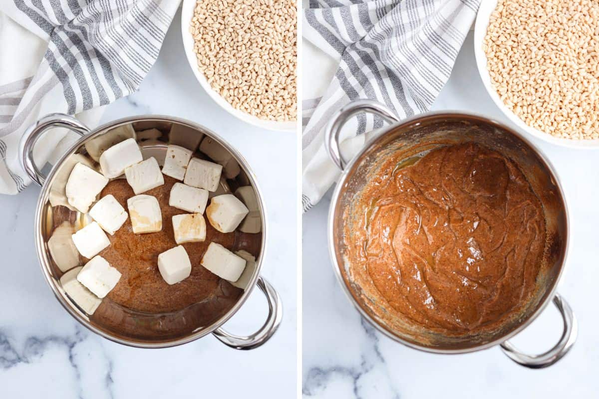 melting marshmallows and almond butter in a steel pot in two steps. 